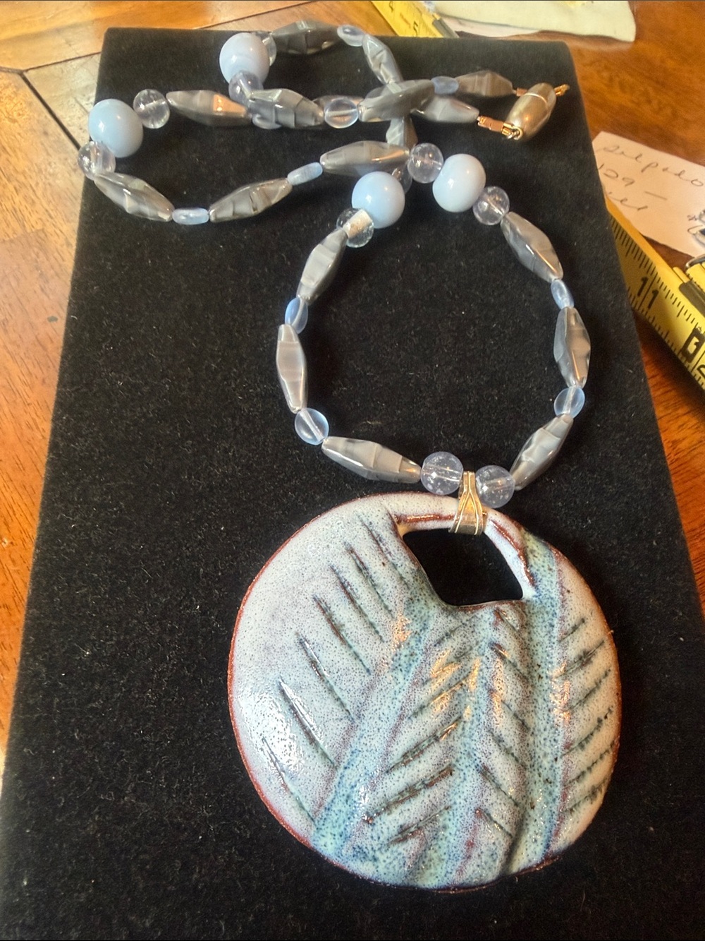 Handcrafted Ceramic Pendant Necklace in Light Blue and Gray Beads